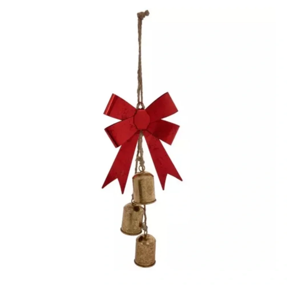 Hobby Lobby Metal & Jute Red Metallic Bow & Gold Jingle Bells Holiday Decor, New